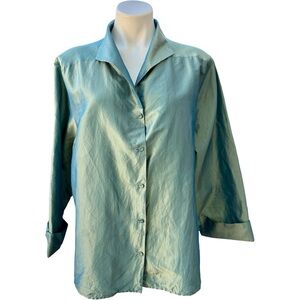 Eileen Fisher Woman Shimmery Silk Button Front Shirt Teal Blue XL